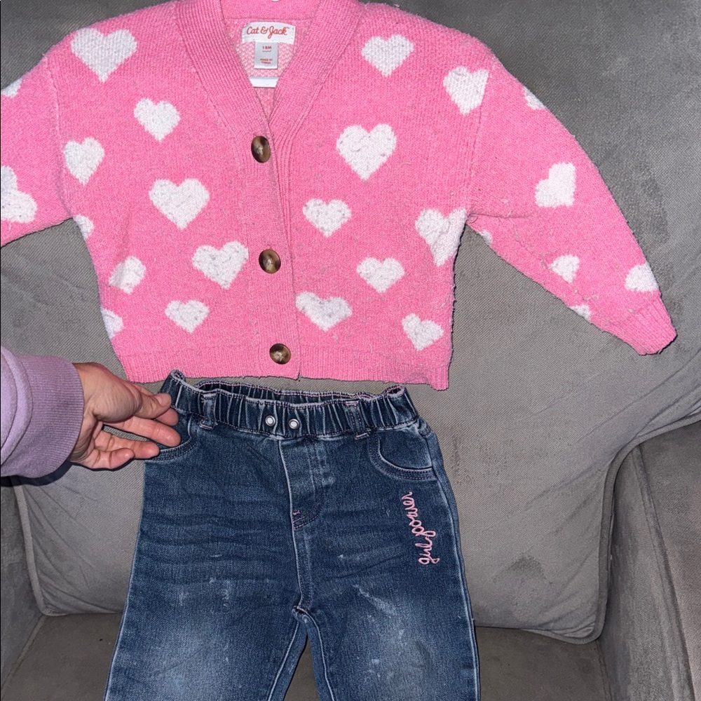 Cat & Jack Pink Heart Sweater with Denim Pants